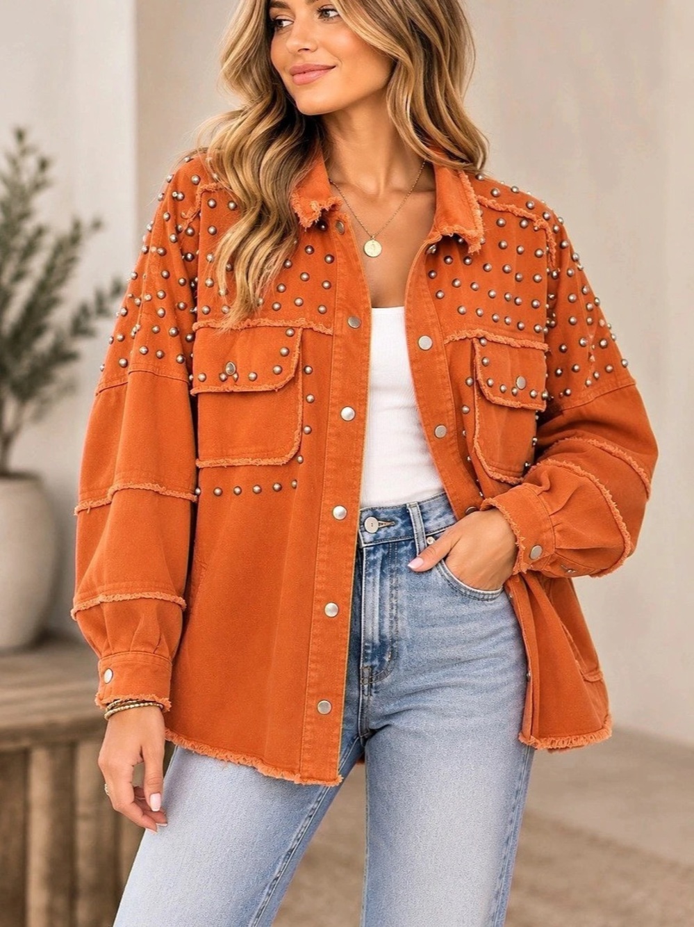 Fantastic Fawn Burnt Orange Studded Denim Jacket (11111) 🌼
